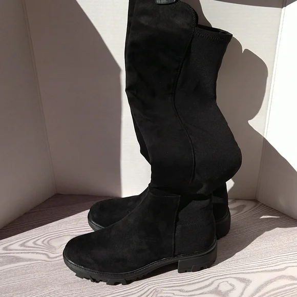 Unisa Black Tall Knee Faux Suede Boots Slip-On Elastic Stretch Back Sz 8M - Picture 5 of 16